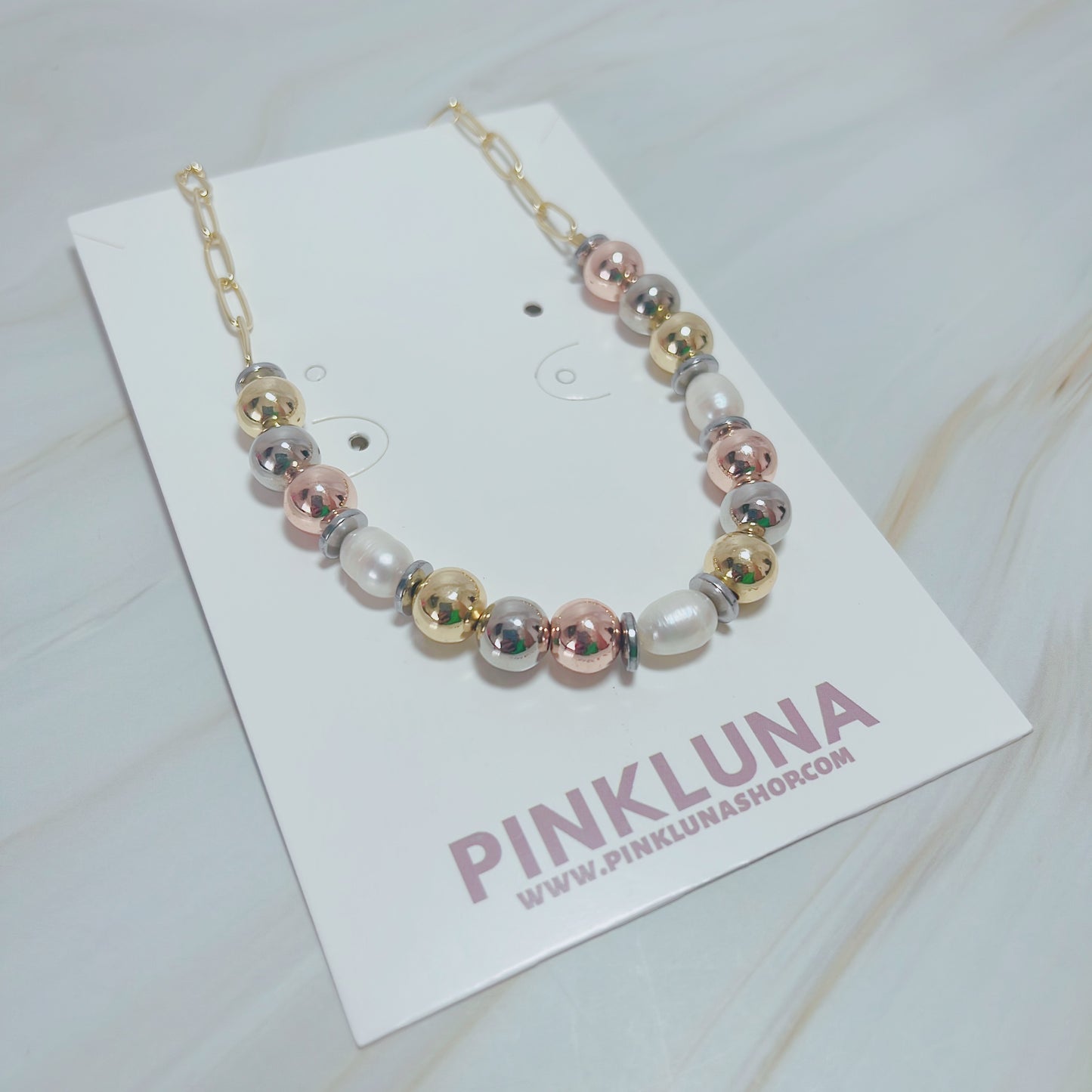 Triple Bead Gold and Pearl Necklace