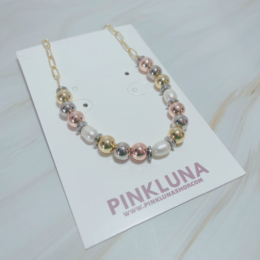 Triple Bead Gold and Pearl Necklace