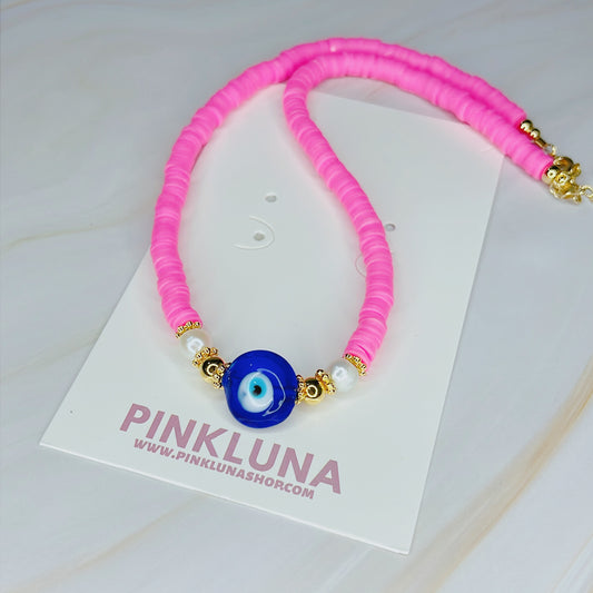 Pink Greek Eye Rubber Necklace