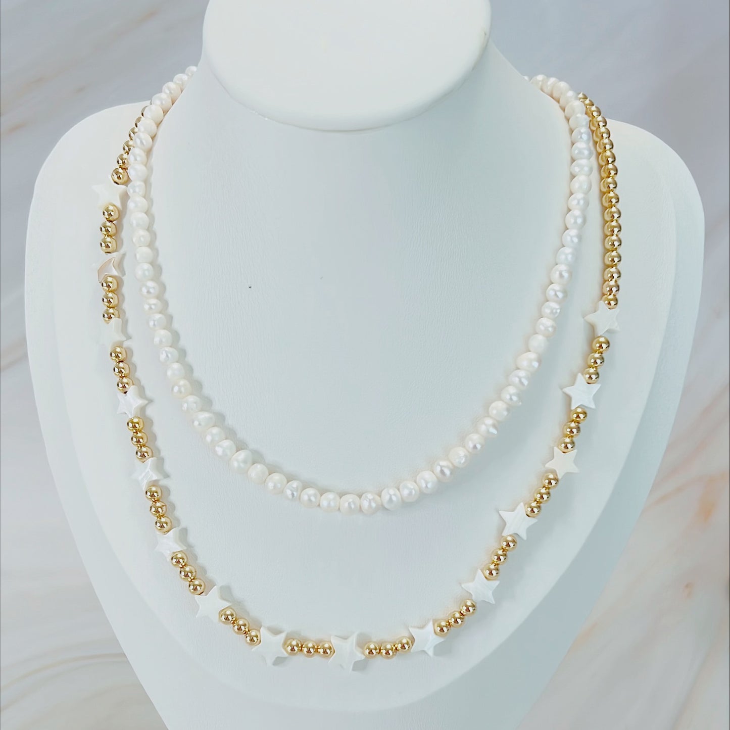 Nacre Stars and Gold Beads Necklace