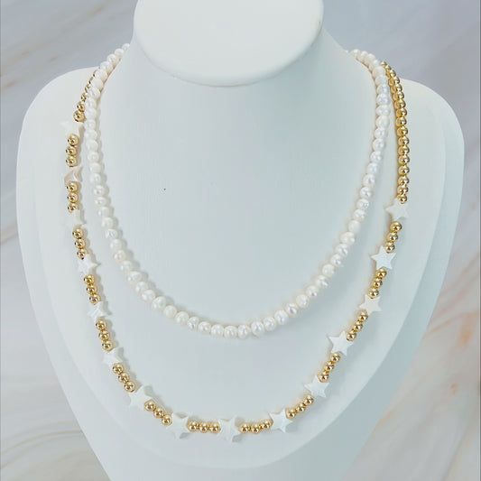 Nacre Stars and Gold Beads Necklace