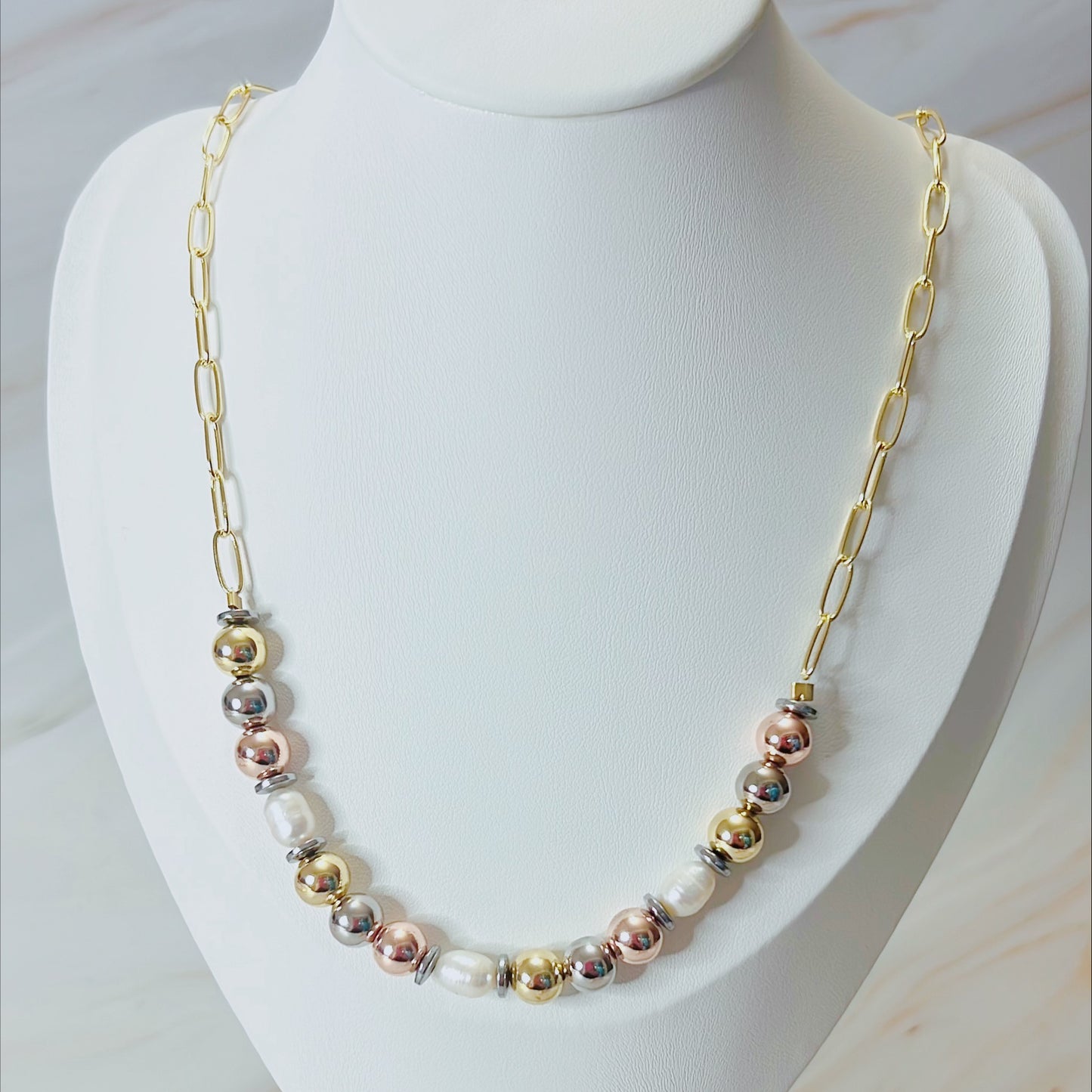 Triple Bead Gold and Pearl Necklace